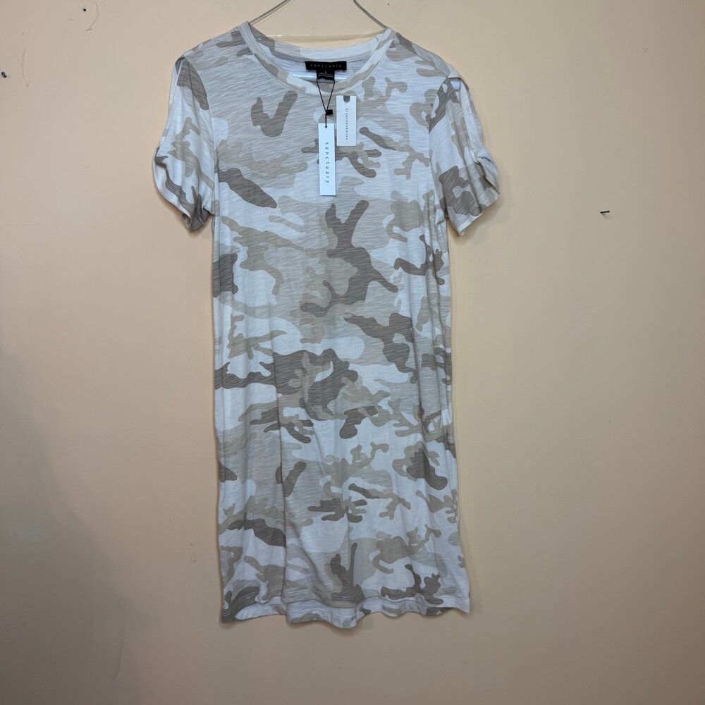 NWT Sanctuary Ivory Beige Camo Printed Cold Shoulder T Shirt Dress Women’s Size - Picture 2 of 6